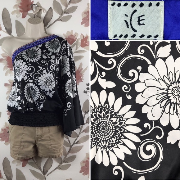 ICE One Shoulder Asymmetrical Purple Sequins White Floral Black Top Medium - Picture 4 of 16